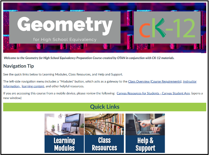 screenshot of the home screen of the Geometry for High School Equivalency Preparation course in conjunction with CK-12 materialsl